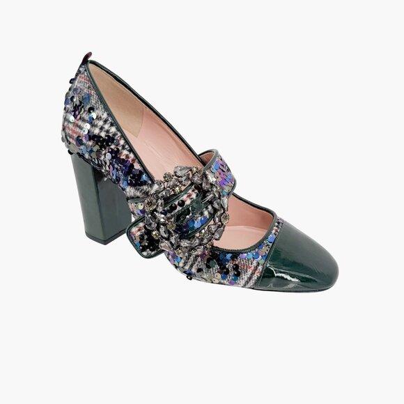 SJP Winnie Crystal Buckle Mary Jane Pumps Size 37 US 6-7 Tartan Sequin Heels - Picture 9 of 12